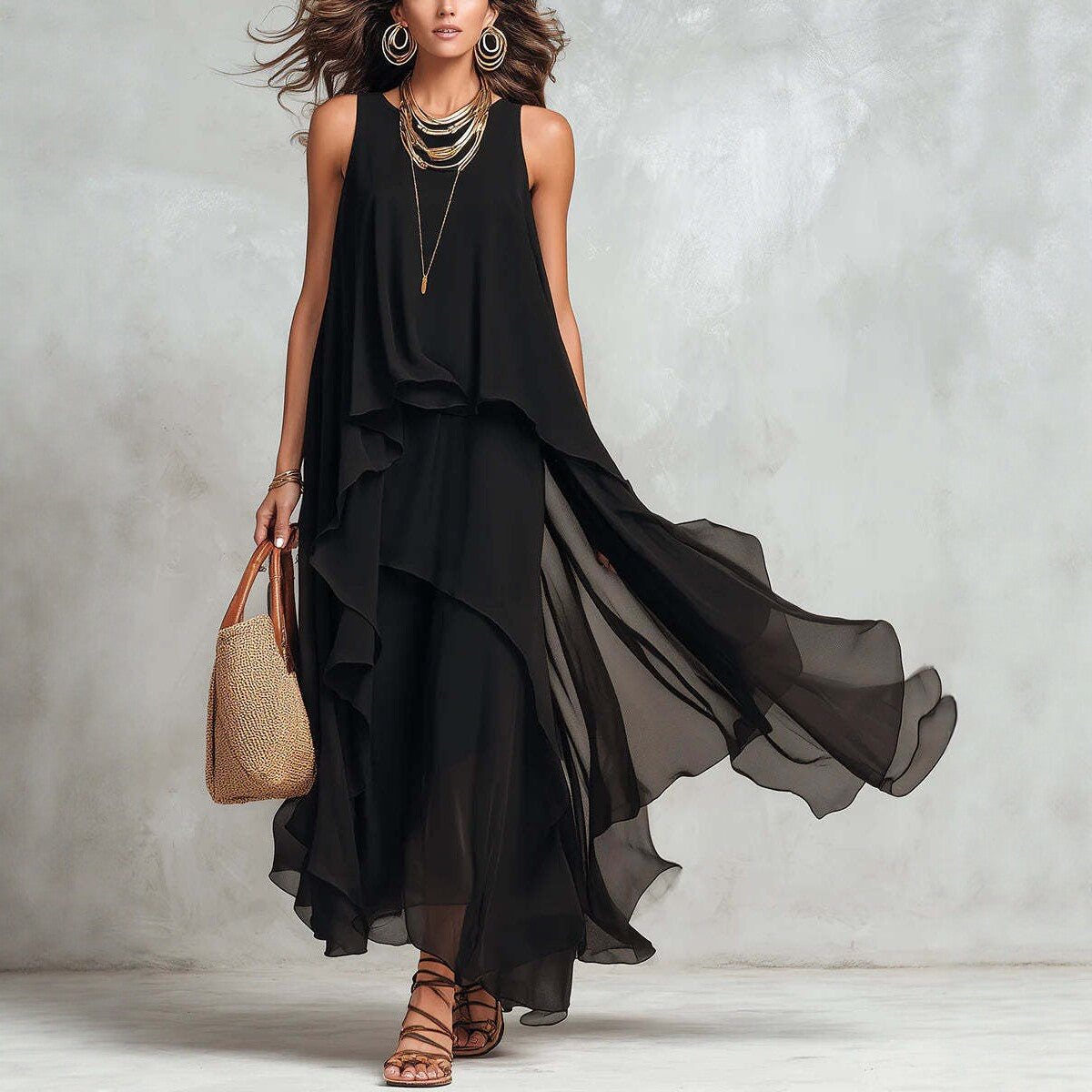 Black Asymmetrical Chiffon Maxi Dress – Flowy Sleeveless Boho A-Line Long Dress for Women