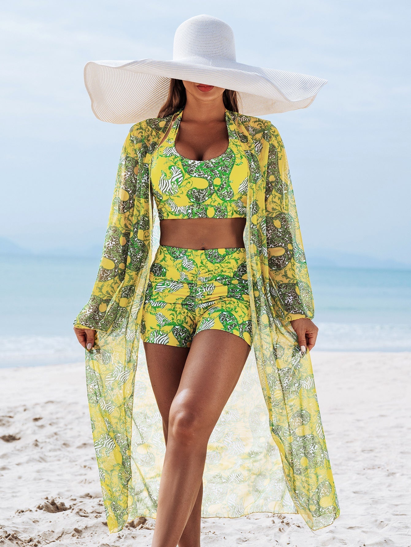 Multi-Color Print Bikini Three-Piece Set – Padded Swimwear for Women