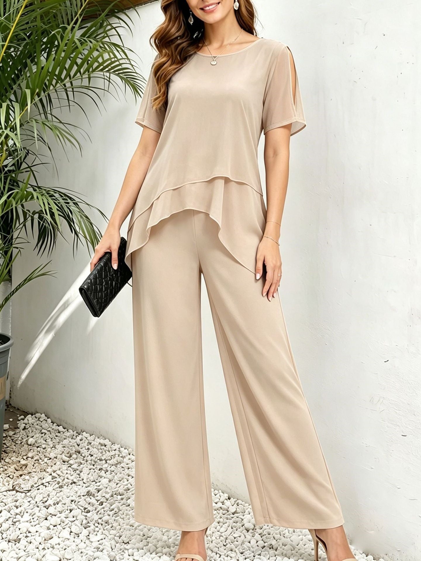 Women's Irregular Hem Top & Wide Leg Pants Two-Piece Set