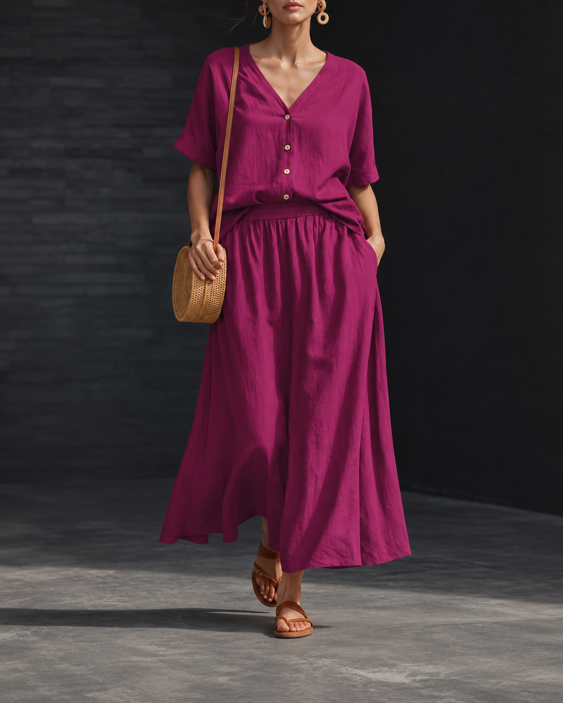 Women's V-Neck Button-Up Top & Long Skirt Set
