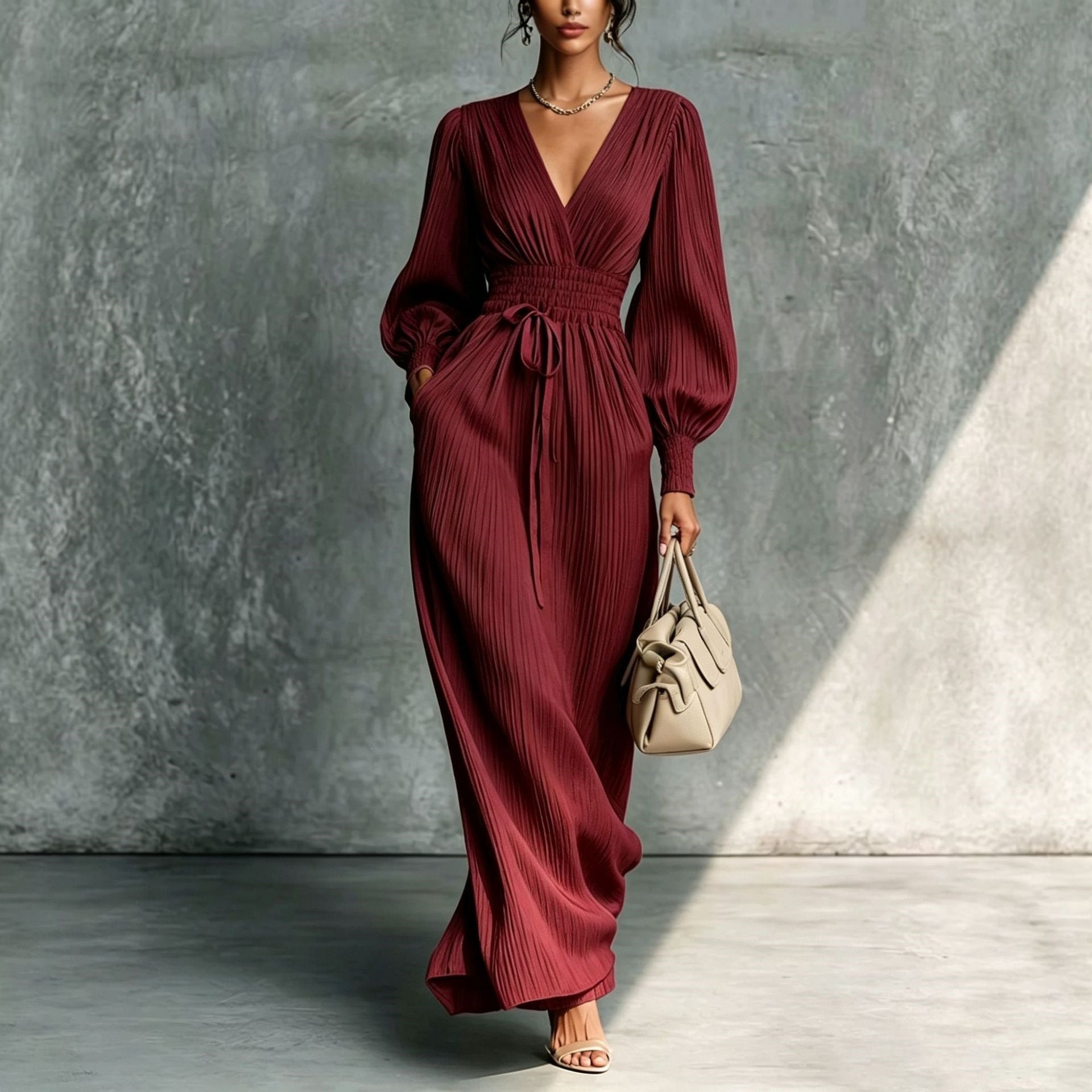Women's Deep V-Neck Pleated Bishop Sleeve Smocked Waist Maxi Dress