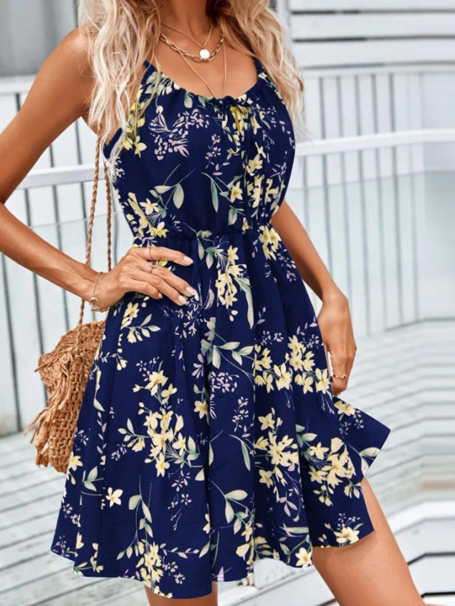 Women's Floral Print Sleeveless Midi Dress – Tie-Up Neck Elastic Waist Boho Summer Dress