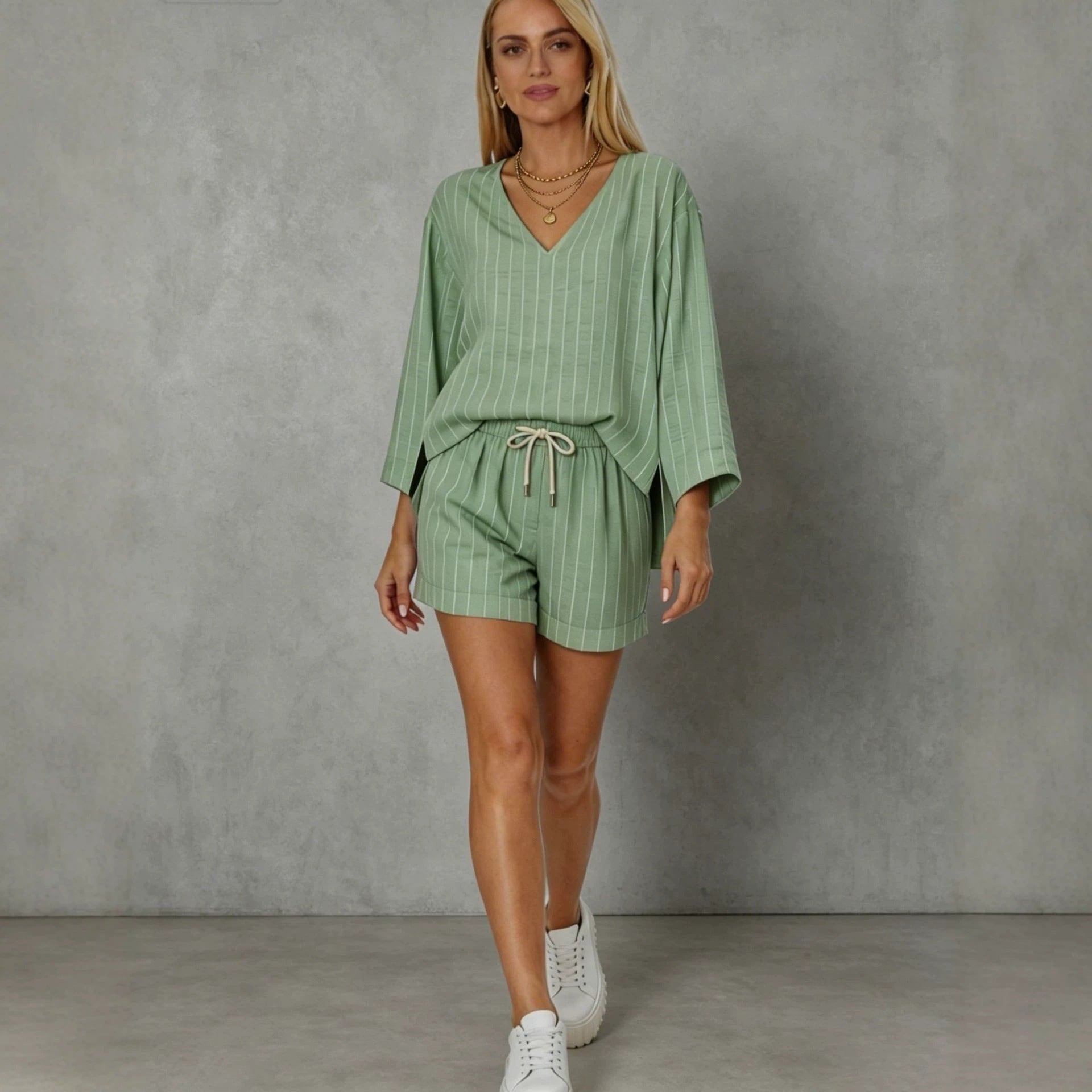 Women's Loose V-Neck Long Sleeve Striped Shorts Set – Casual Leisure