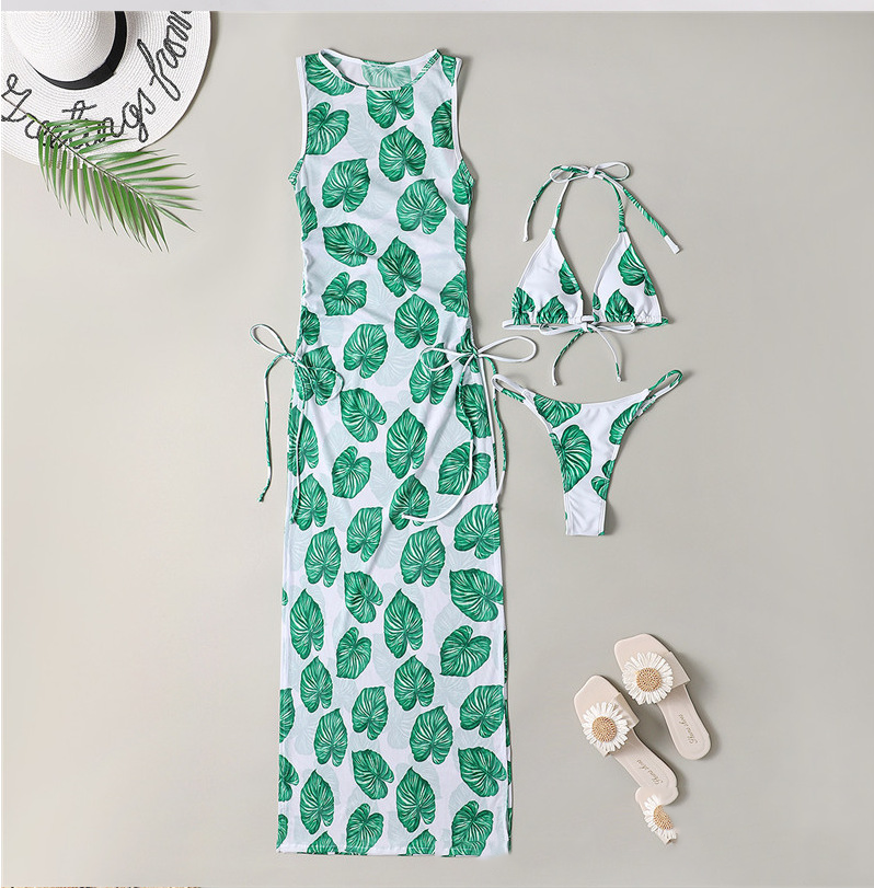 Women's Solid Color Three-Piece Bikini Set with Maxi Dress Cover-Up