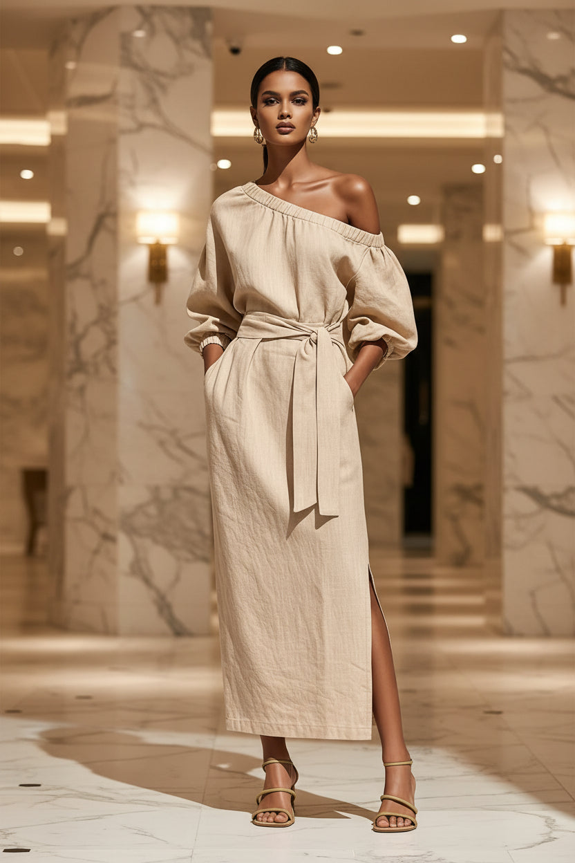 Women's Asymmetric Neck Linen Maxi Dress – Belted with Side Slit & Pockets