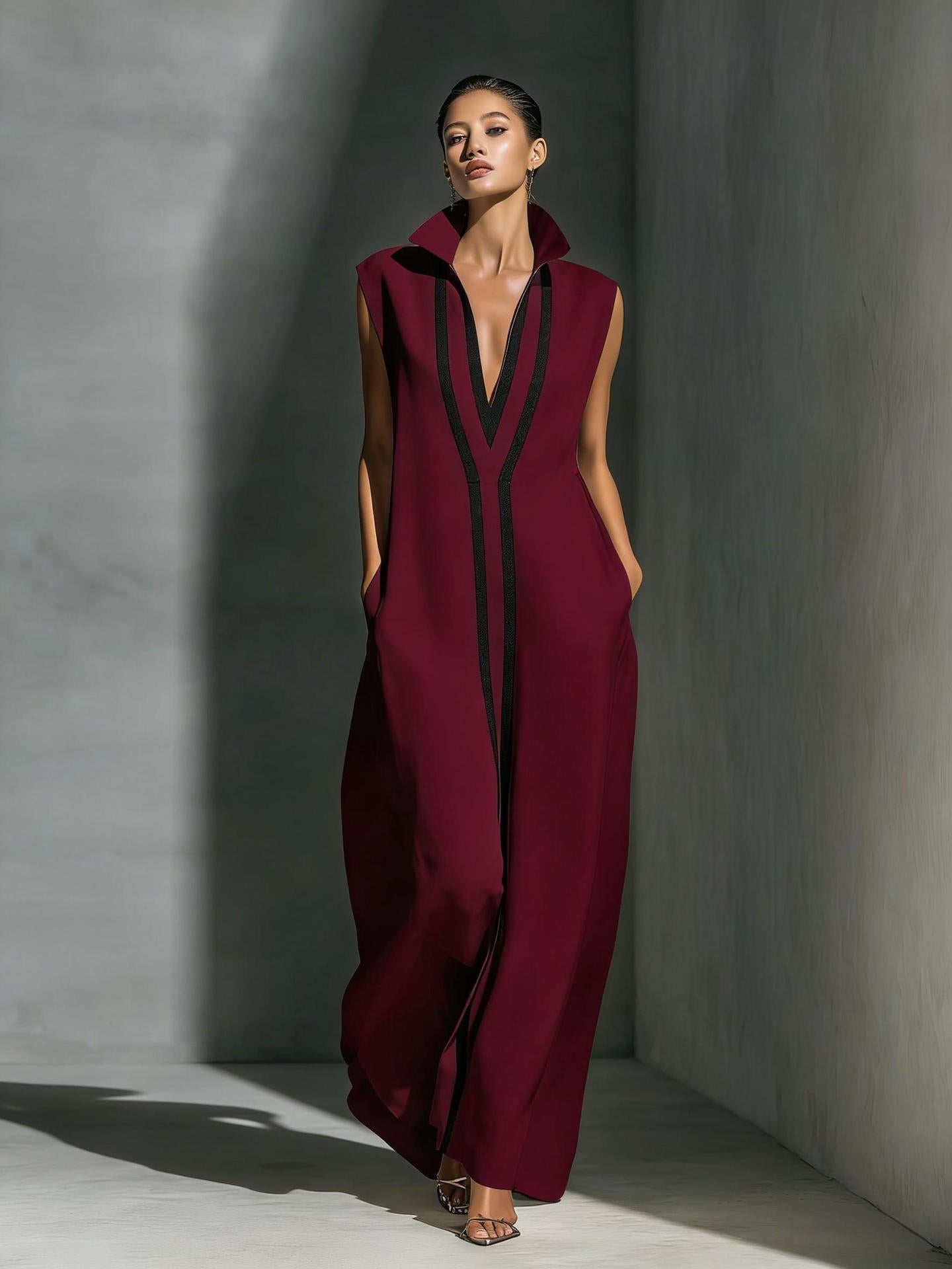 Women's V-Neck Color-Block Sleeveless A-Line Maxi Dress – 4 Colors XS–2XL