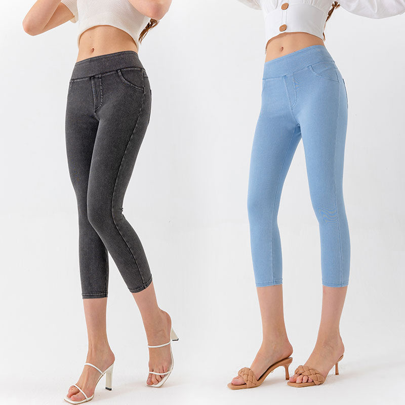 Denim-Look Capri Yoga Pants – Slim Fit High-Elastic Tummy Control Fitness Pants