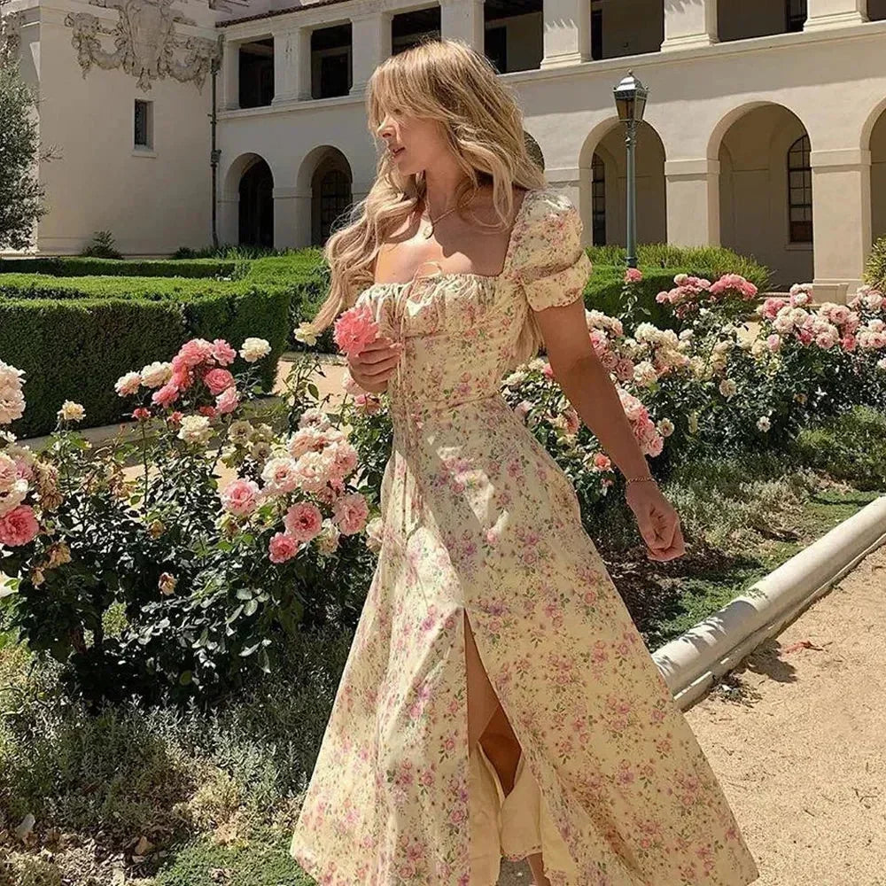 Women's Summer Puff Sleeve Floral Maxi Dress