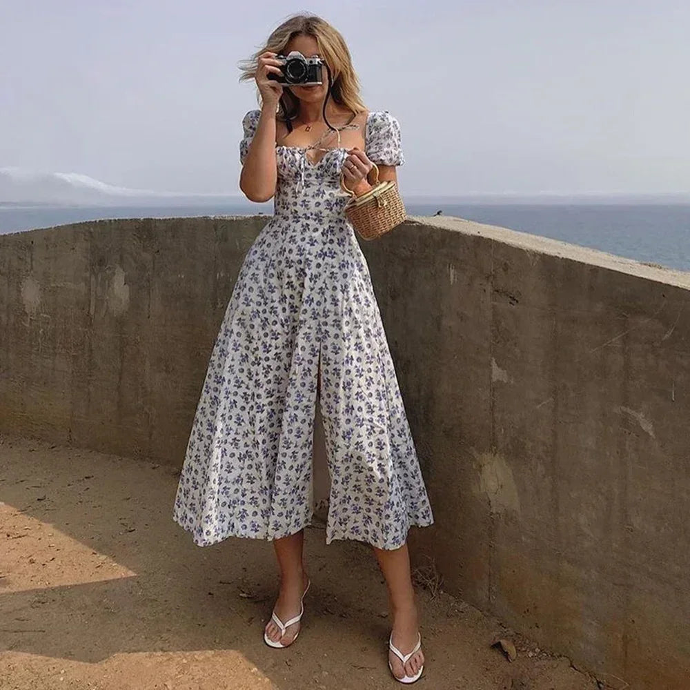 Women's Summer Puff Sleeve Floral Maxi Dress