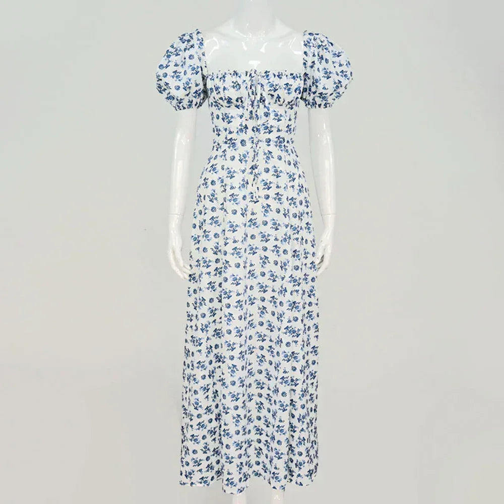 Women's Summer Puff Sleeve Floral Maxi Dress