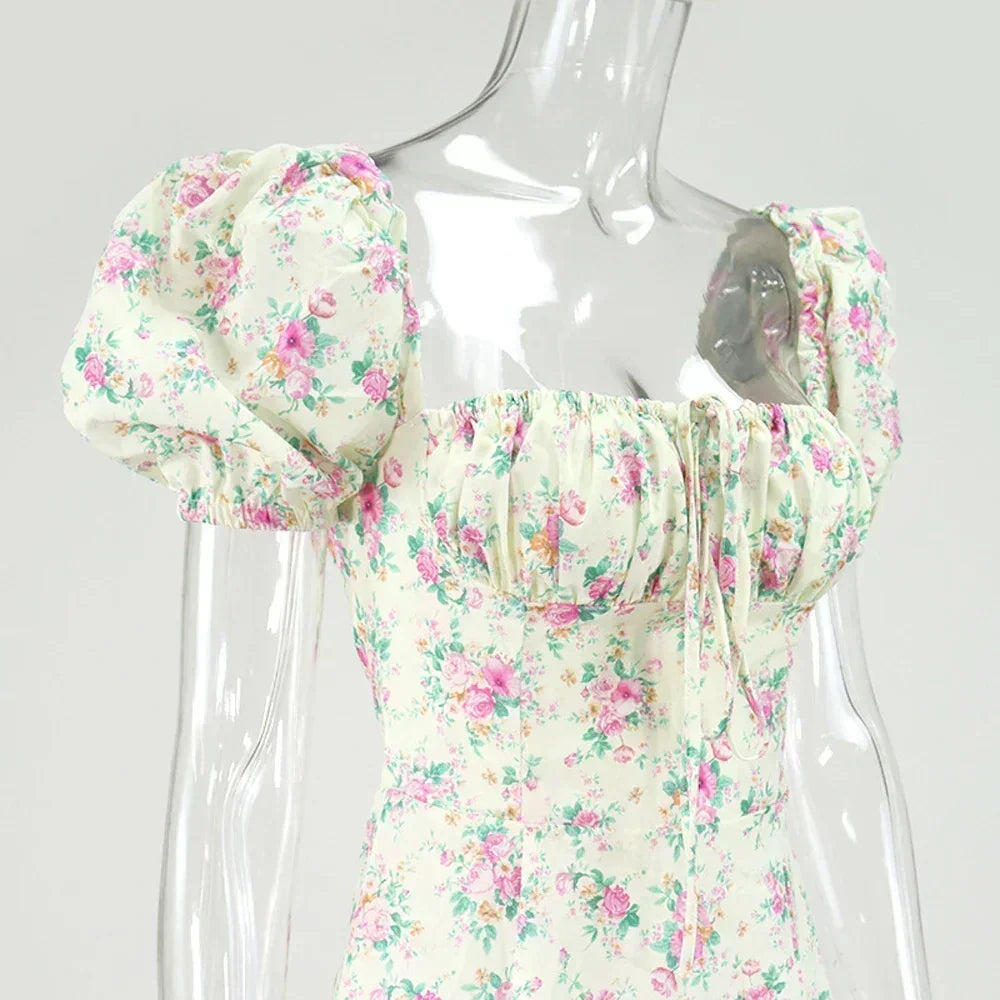 Women's Summer Puff Sleeve Floral Maxi Dress
