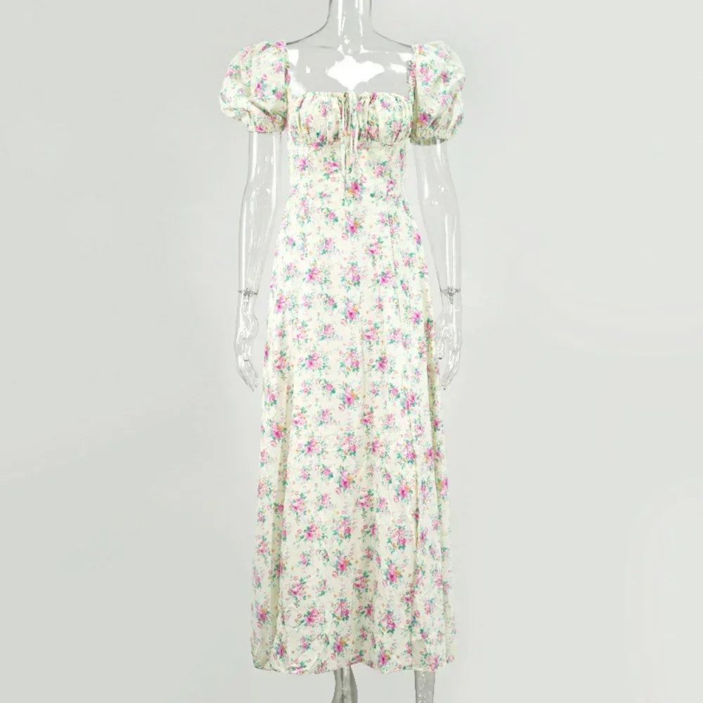 Women's Summer Puff Sleeve Floral Maxi Dress
