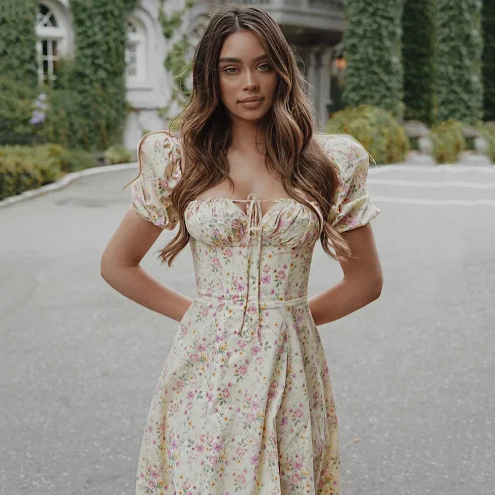 Women's Summer Puff Sleeve Floral Maxi Dress
