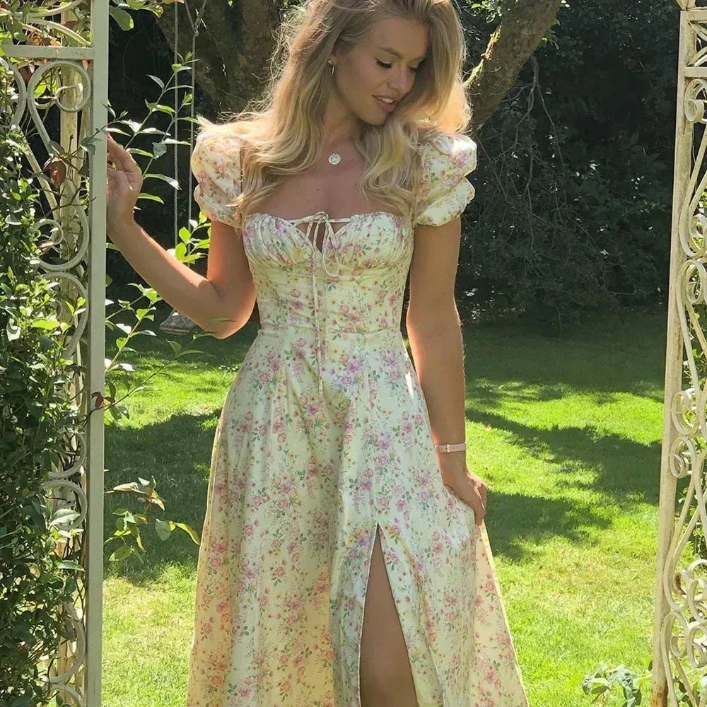 Women's Summer Puff Sleeve Floral Maxi Dress