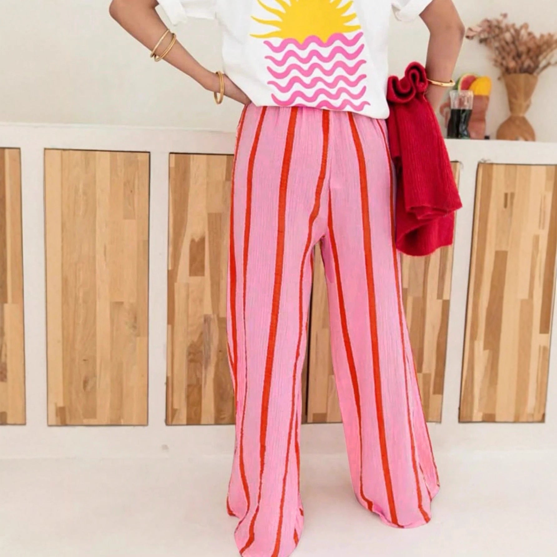 Women Striped Print Slim Fit Casual Long Pant