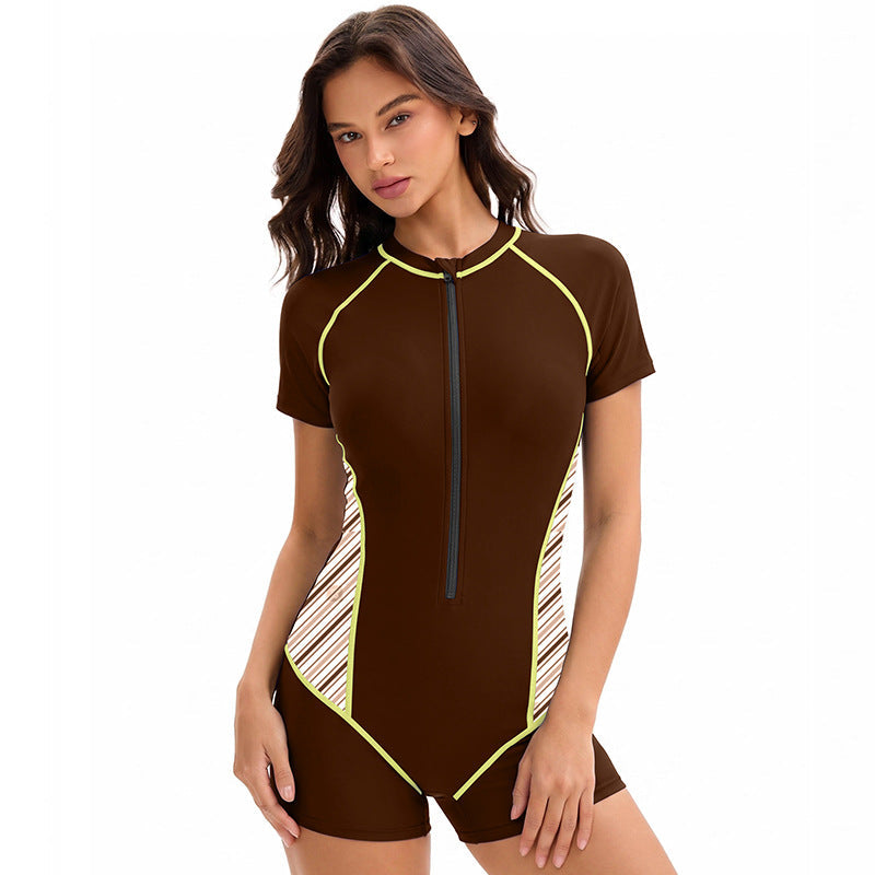 Swimsuit Women Sports One Piece Color Matching Boxer Conservative Short Sleeve Swimsuit