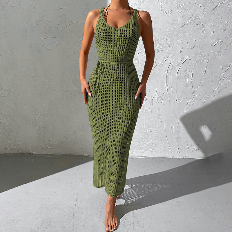 Vacation Beach Blouse Hollow Out Cutout Backless Knitted Dress Women