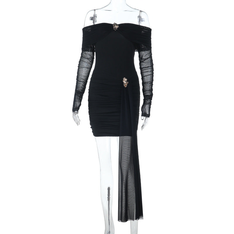 Sexy Short off Shoulder Sexy Backless Mesh Stitching Long Sleeve Dress