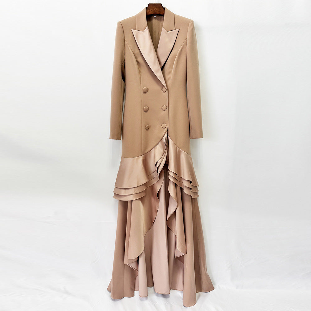 Dinner Formal Dress Tailored Collar Ruffled Double Breasted Slim Fit Maxi Dress
