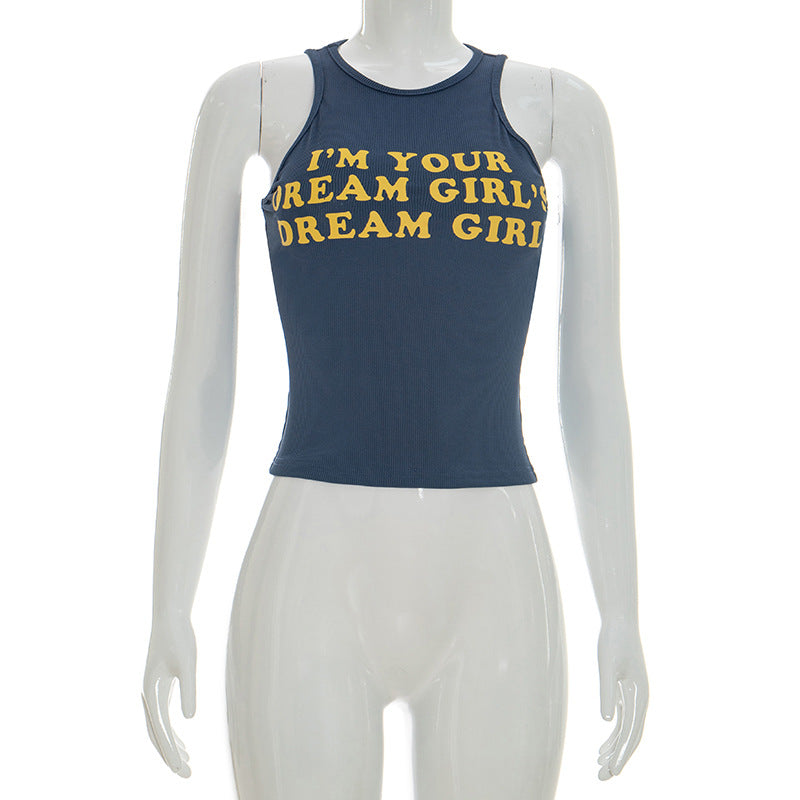 Women Clothing Summer Solid Color Letters Offset Printing Thread Sleeveless Vest Cropped Short Top