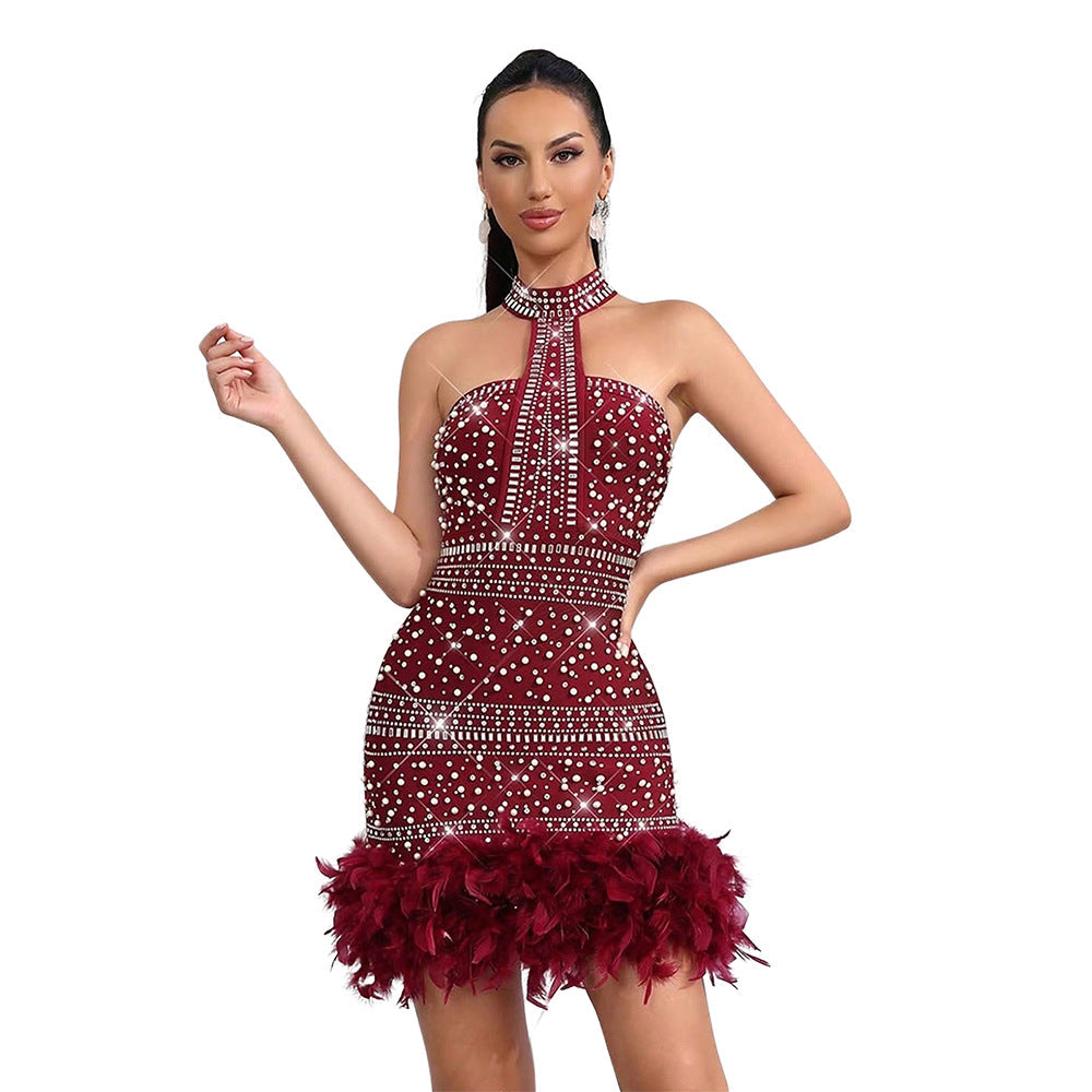 Step in Cocktail Evening Dress Scarf Sexy Beaded Sleeveless Tube Top Feather Hip Dress