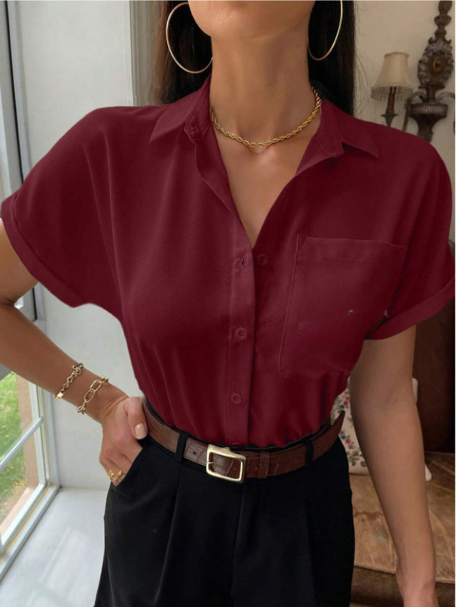 Satin V neck Shirt Women Women Solid Color Satin Short Sleeve Casual Button Satin Shirt