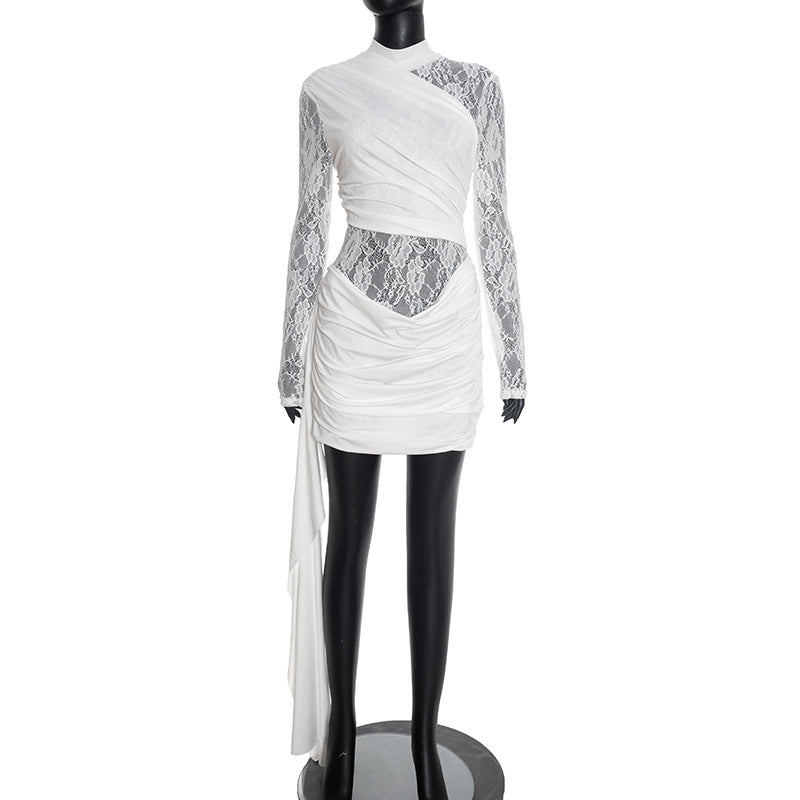 Women Clothing Autumn Winter Solid Color Stitching Lace round Neck Slim Fit Long Sleeved Ribbon Short Dress