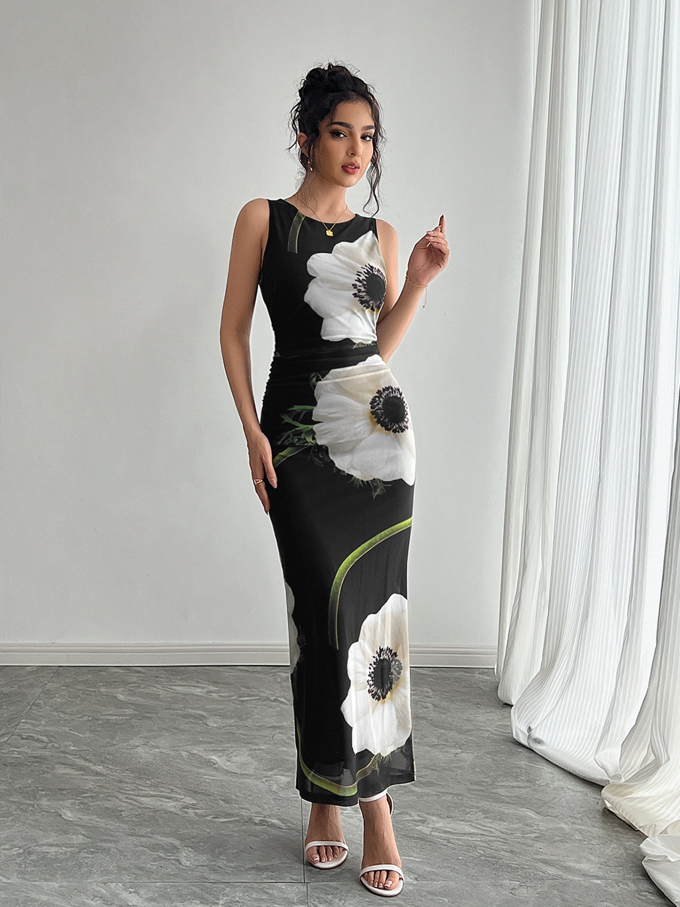 Spring Summer Women Black Mesh Floral Print Sleeveless Maxi Dress