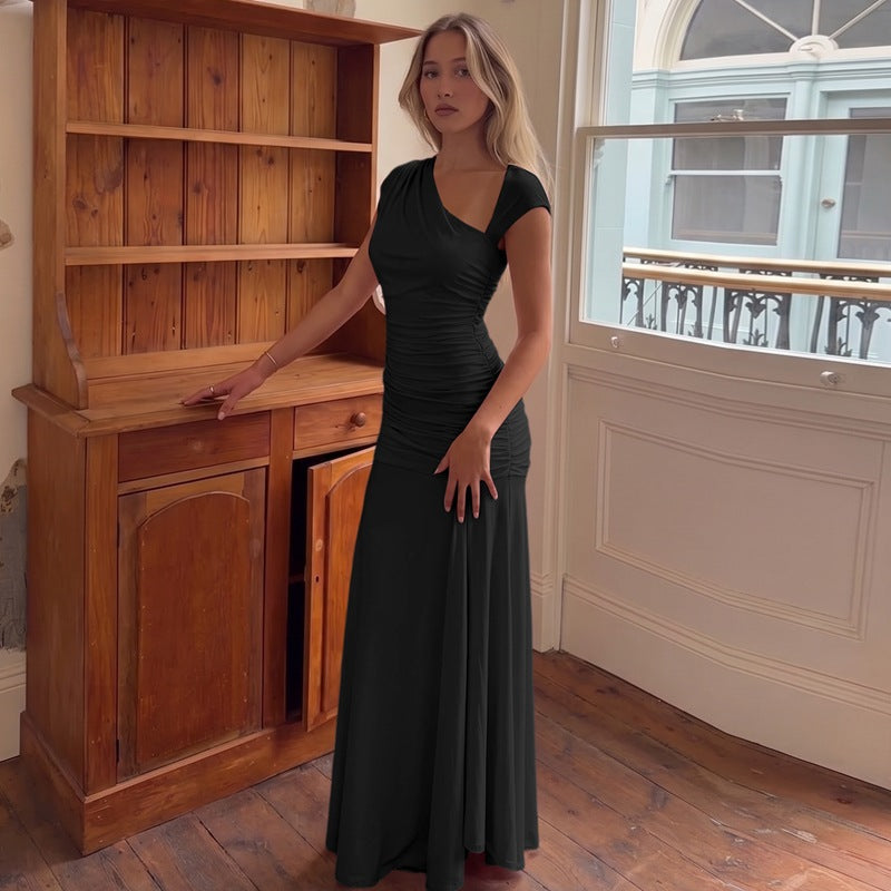 Women Clothing Summer Slim fit Sexy Cutout Fitted Waist Pleated Solid color Dress