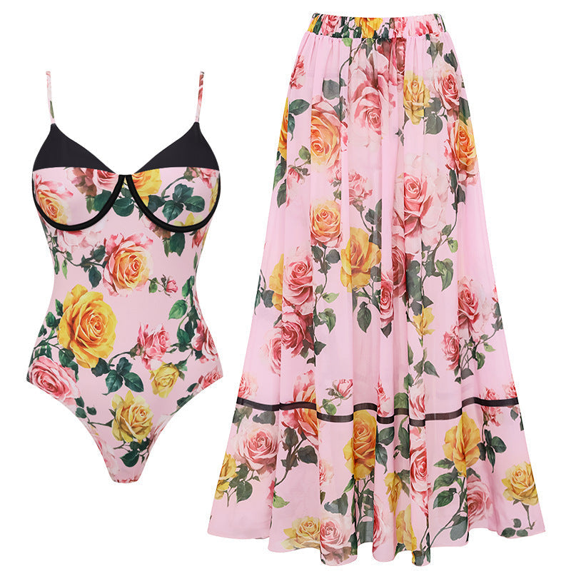 Swimsuit Pink Floral Sweet Seaside Vacation Swimsuit Women