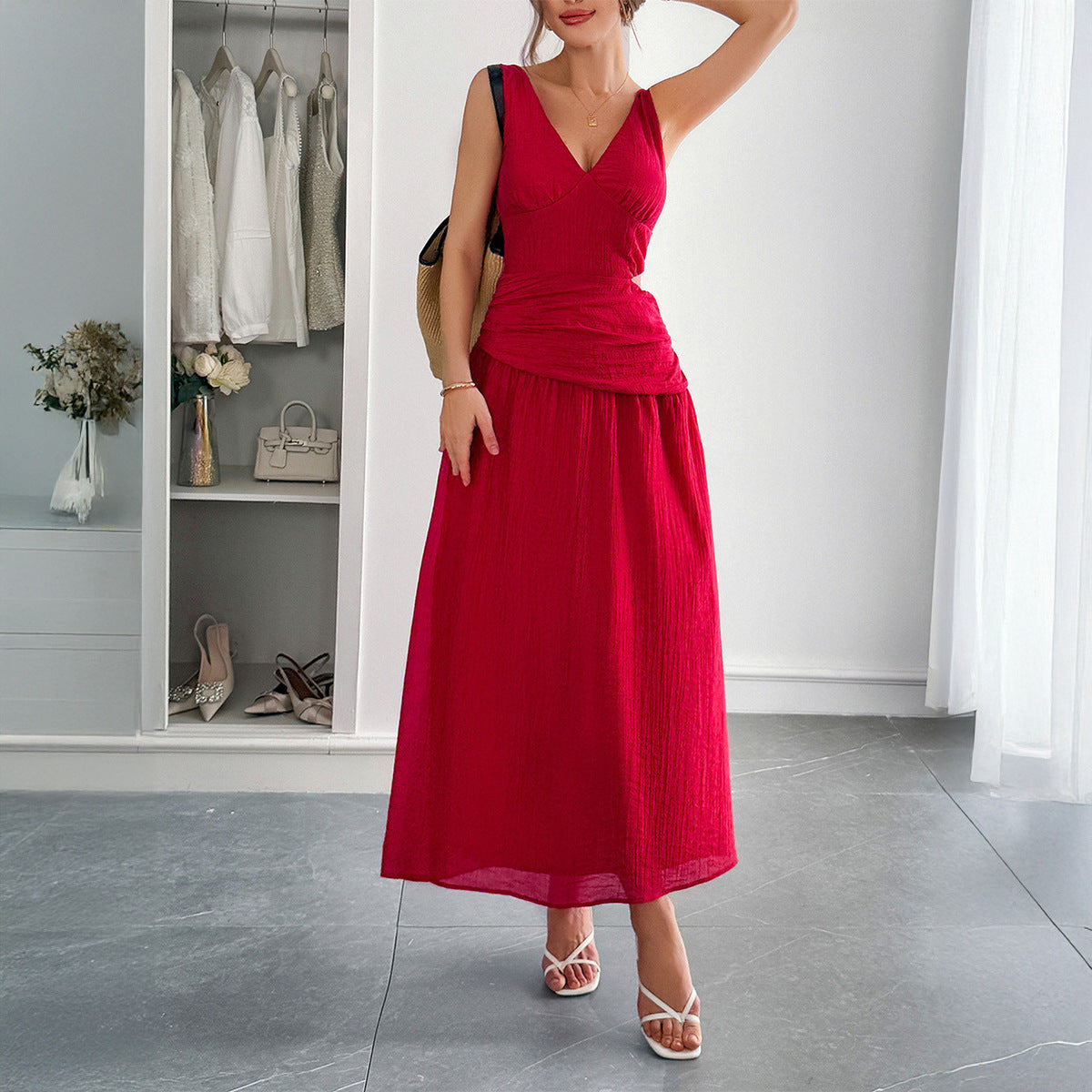 Elegant Deep V Plunge Cropped Outfit Maxi Dress Women Clothing Spring Summer
