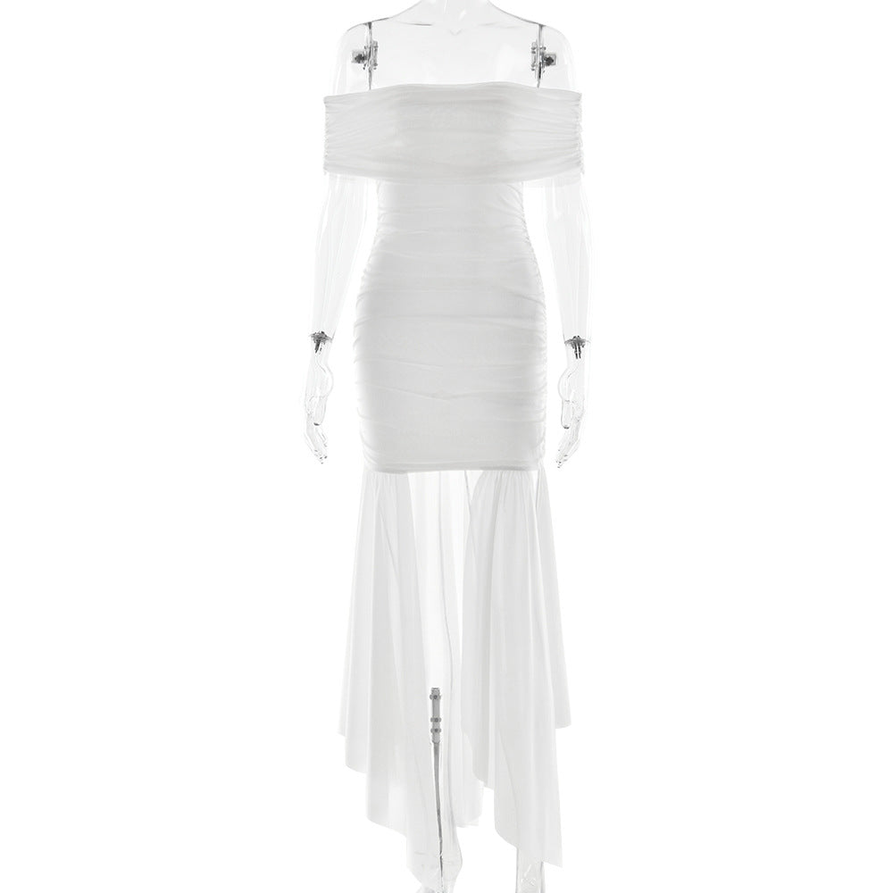 Spring Summer Sexy Women Dress Elegant Tube Top Solid Color Pleated Ribbon Waist Tight Slim Fit Dress