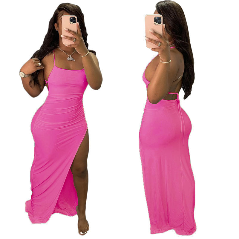 Women Clothing Spring Summer Sexy Strap Solid Color Dress