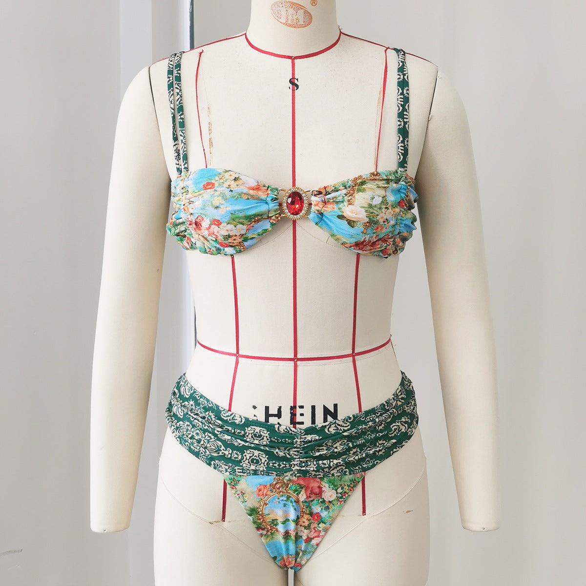 Vintage Floral Tube Top Pleating T Shaped Triangle Bikini Sexy Split Swimsuit Women