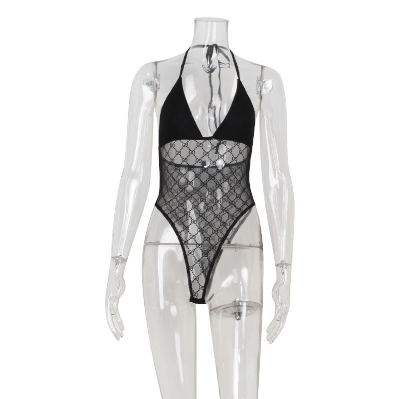 Sexy Grid See through Low Cut Sexy Slim Fit Triangle Strap Jumpsuit Inner Wear Blouse