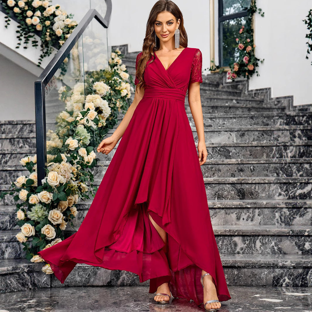 V neck Solid Color Summer Elegance Slim Fit Maxi Dress Long Cocktail Dress