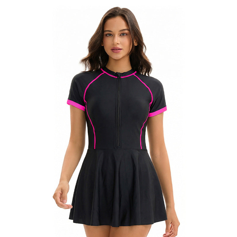 Dress Siamese Triangle Swimsuit Women Short Sleeve Conservative Sun Protection Sports Swimsuit