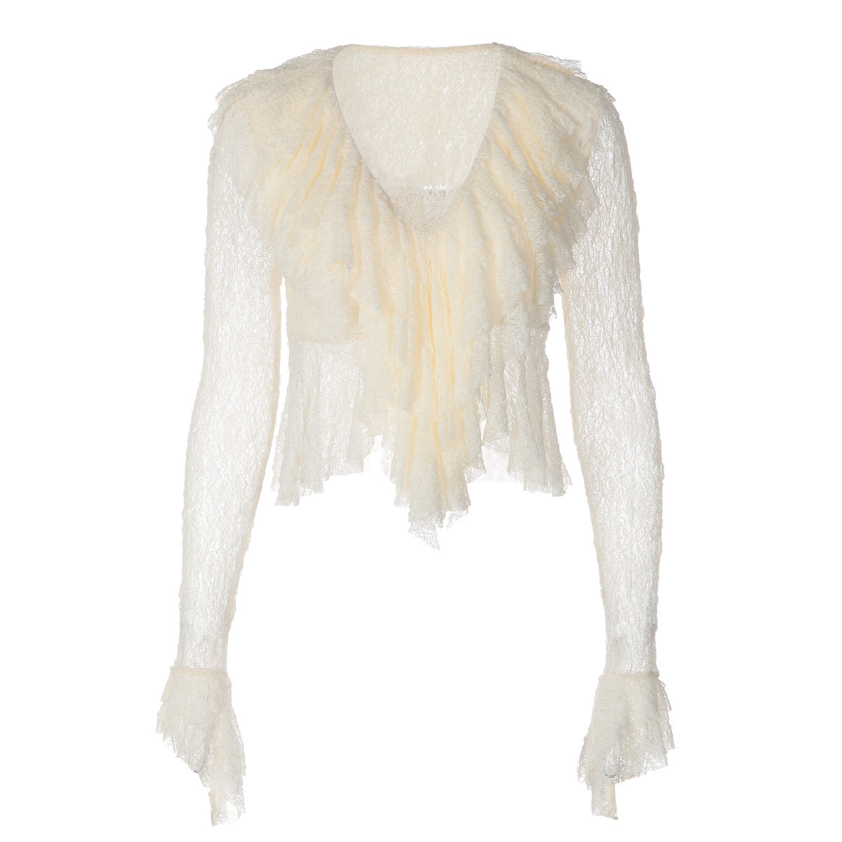 Women Clothing Summer Pure Sexy V neck Lace See through Flare Sleeve T shirt Top
