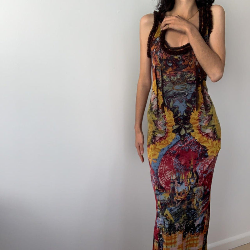 Women Clothing Summer Retro Tie Dyed Printed Sexy U Collar Slim Dress Maxi Dress