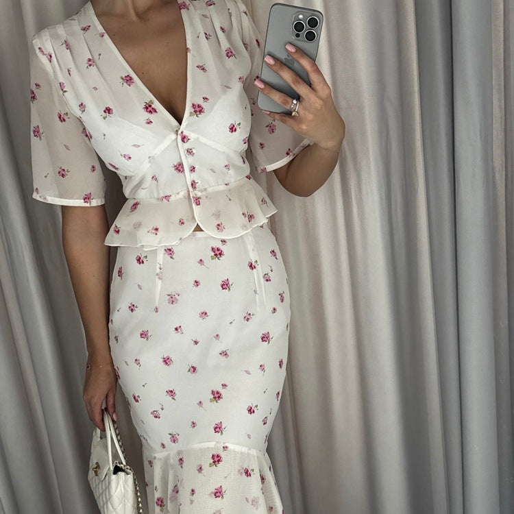 V neck Short Sleeve Cardigan Top Hip Skirt Two Piece Set Summer Printed Skirt Set for Women