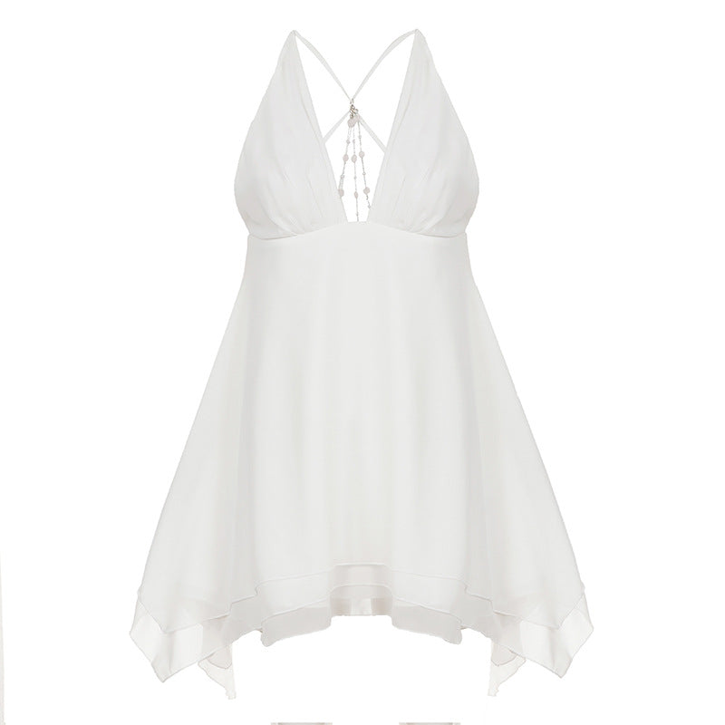 Butterfly Backless Pearl Chain Stitching Sexy V neck Halter Irregular Asymmetric Chiffon Dress Short Dress