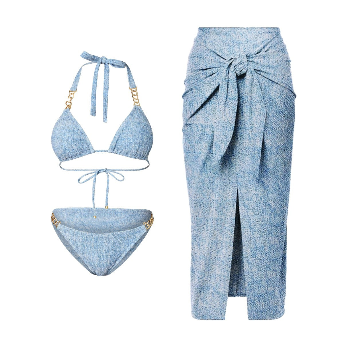 Bikini Triangle Sexy Denim Printing Split Swimsuit Women Wrap Skirt