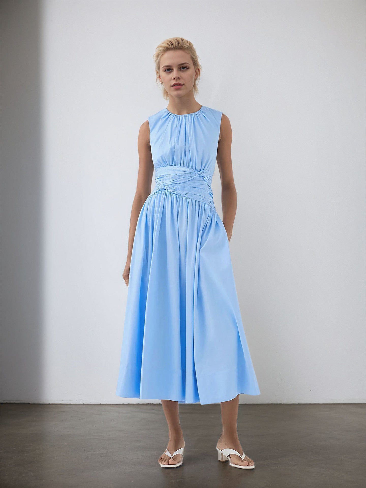 Elegant Blues round Neck Pleated Pocket Wide Swing Ladies Dress