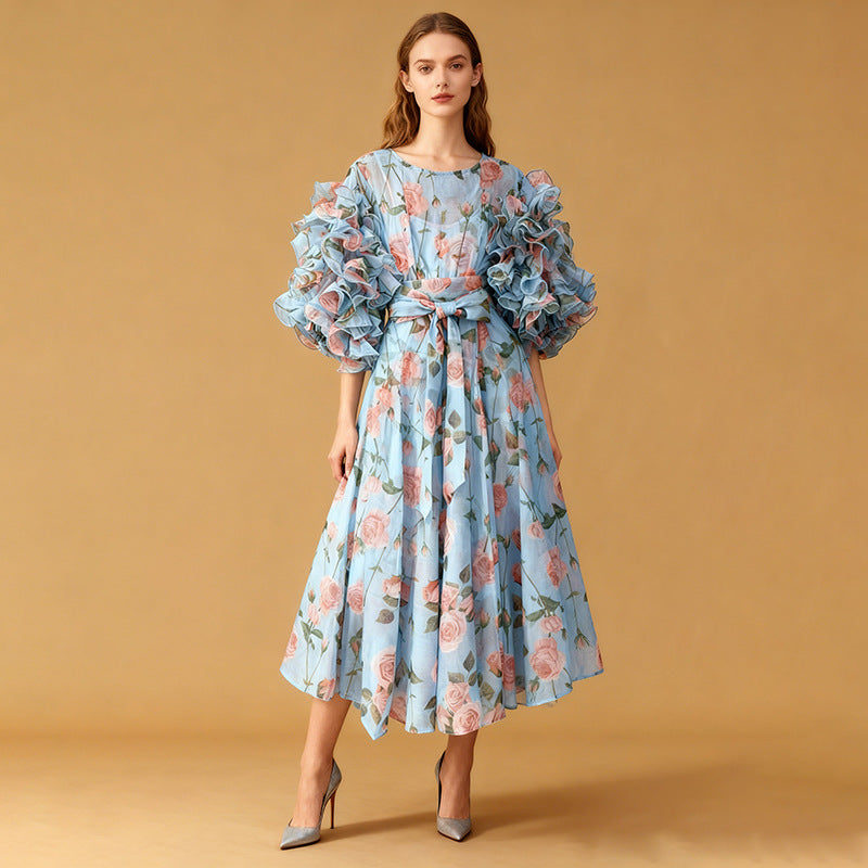 Retro Romantic Palace Rose Print Dress for Women round Neck Design Puff Sleeve Dress