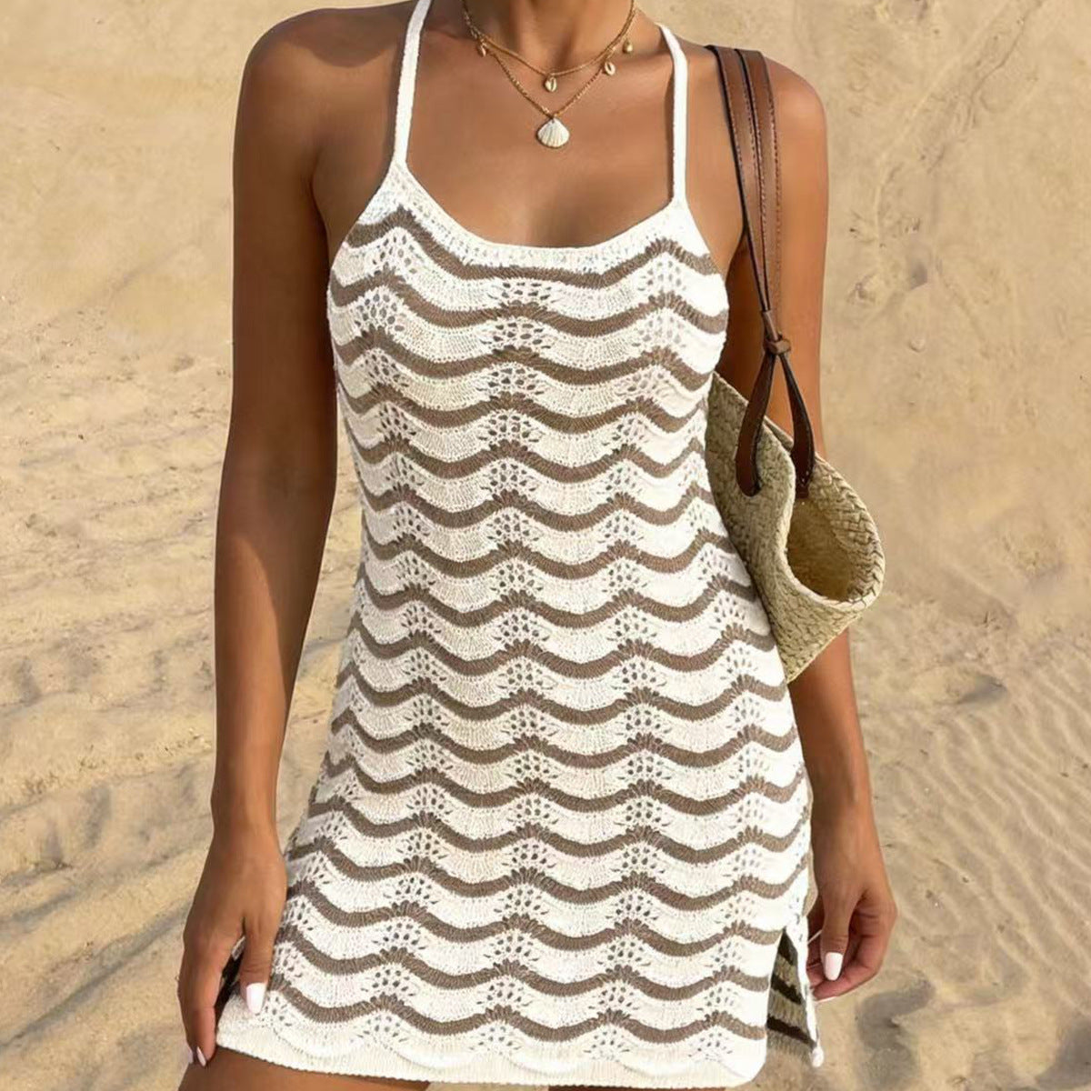 Women Short Beach Vest Sexy Hip Hollow Out Cutout Striped Mixed Color U Neck Knitted Beach Dress