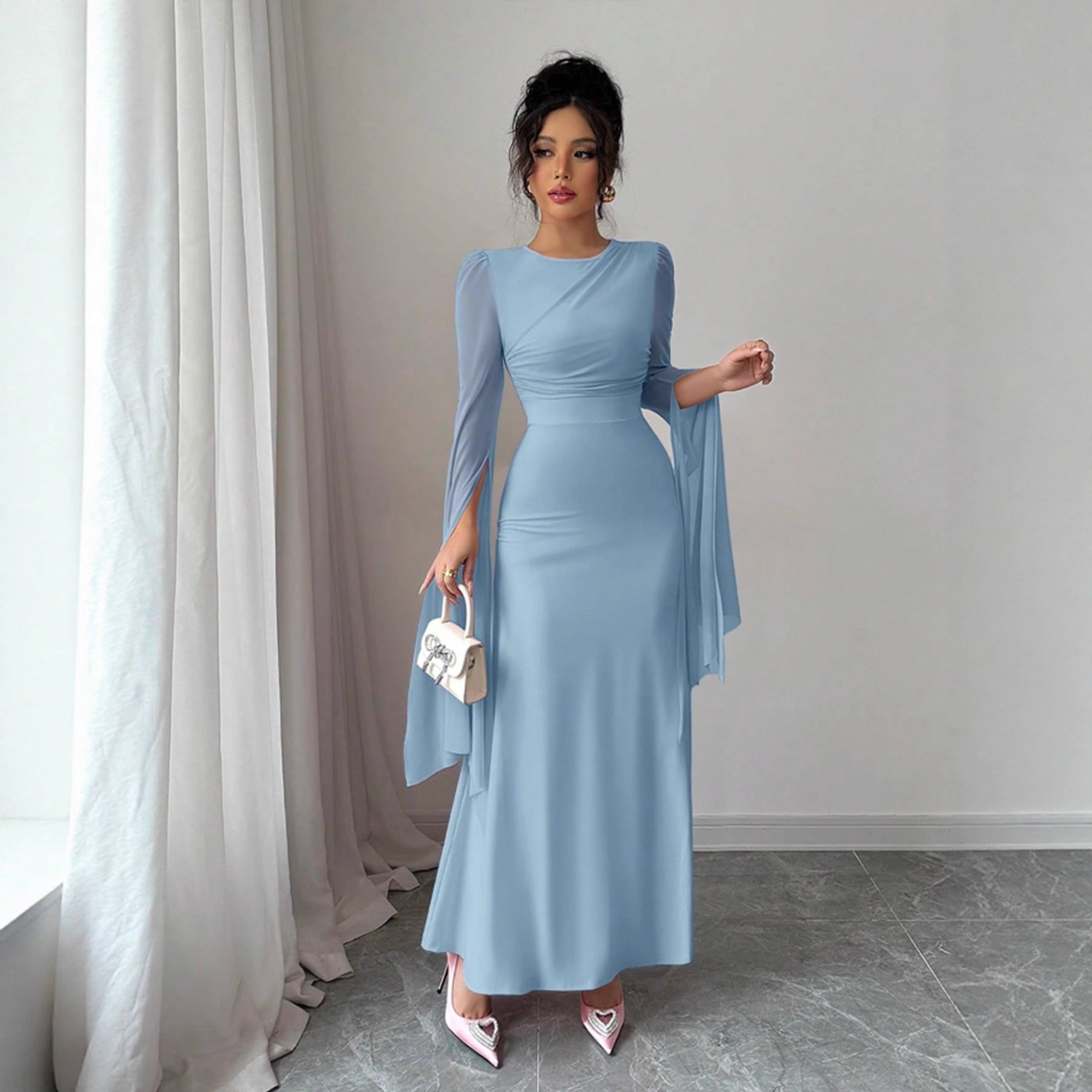 Spring Stitching Mesh Large Swing Sleeves Sexy Slim Fit Fishtail Dress