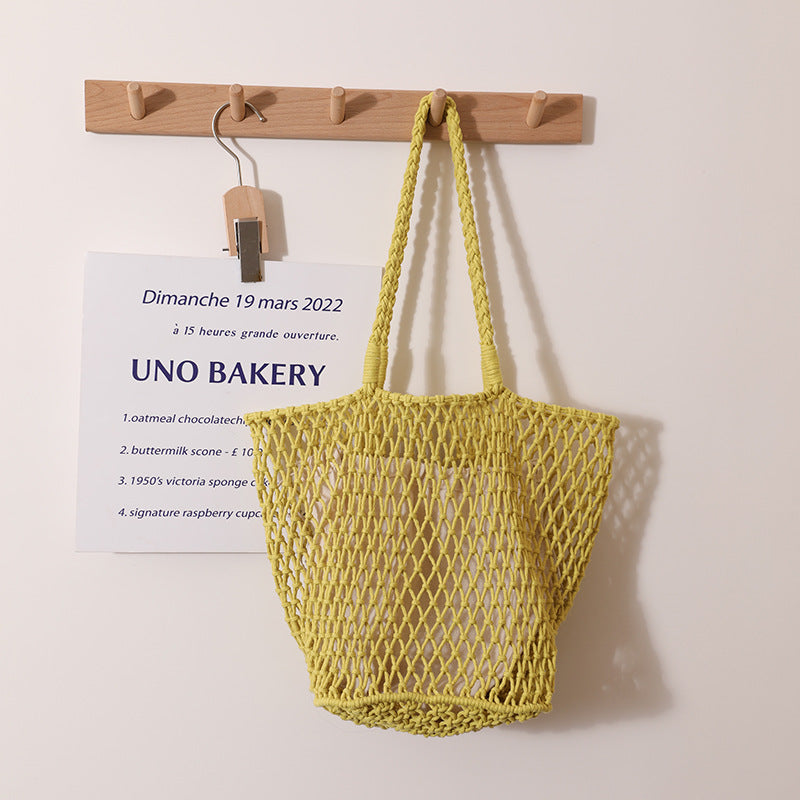 Simple Korean Cotton Woven Bag Large Capacity Mesh Shoulder Straw Bag Handmade Niche Women Bag Casual Vacation Beach Bag