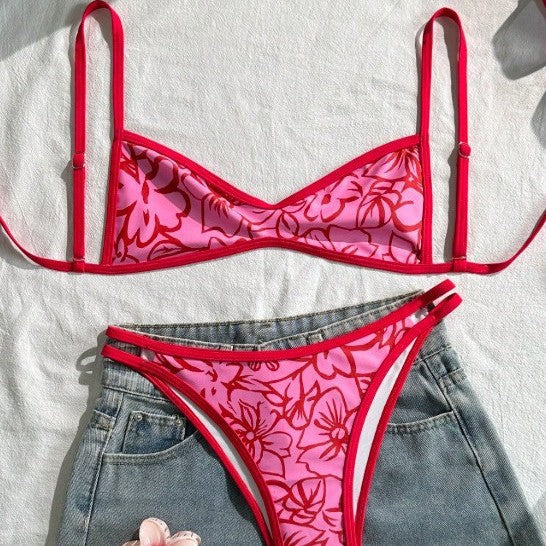 Ladies Bikini Two Piece Set Red Floral Summer Women Beach Split Swimsuit