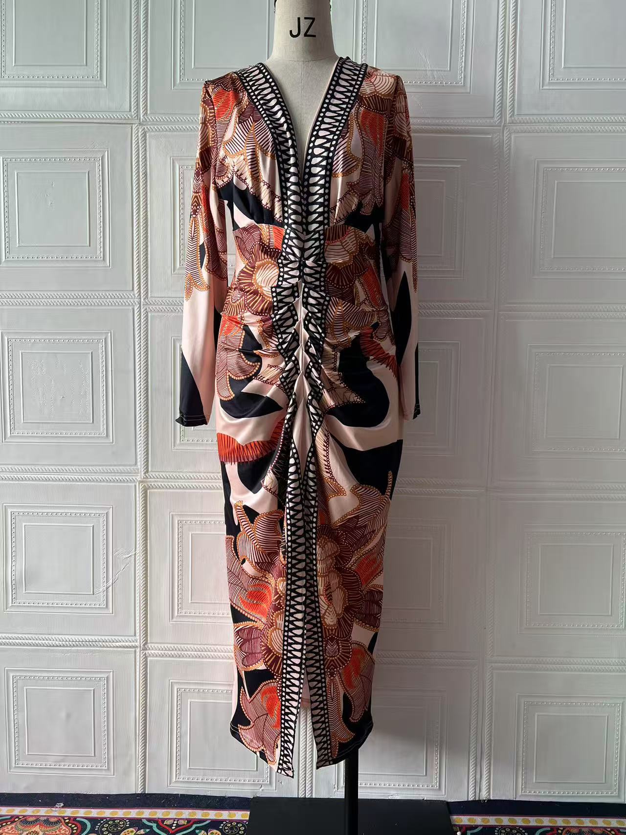 Spring Women Wear Short Sleeve V neck Slim Print Dress
