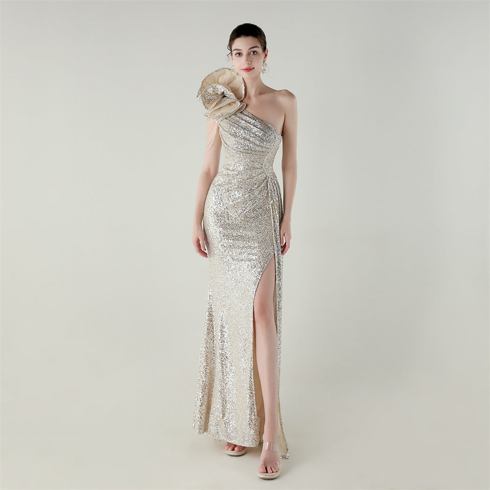 Craft Floral Beaded One Shoulder Diagonal Collar Fishtail Evening Dress Dinner Wedding Awards Ceremony Social Dress